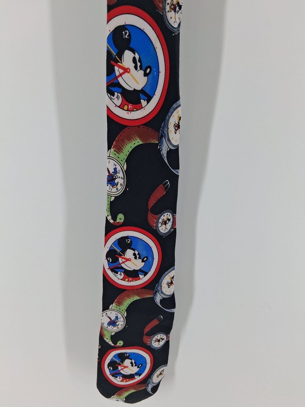 Disney Men's Black Novelty Tie with Red, Blue and Green Mickey Watch Motifs